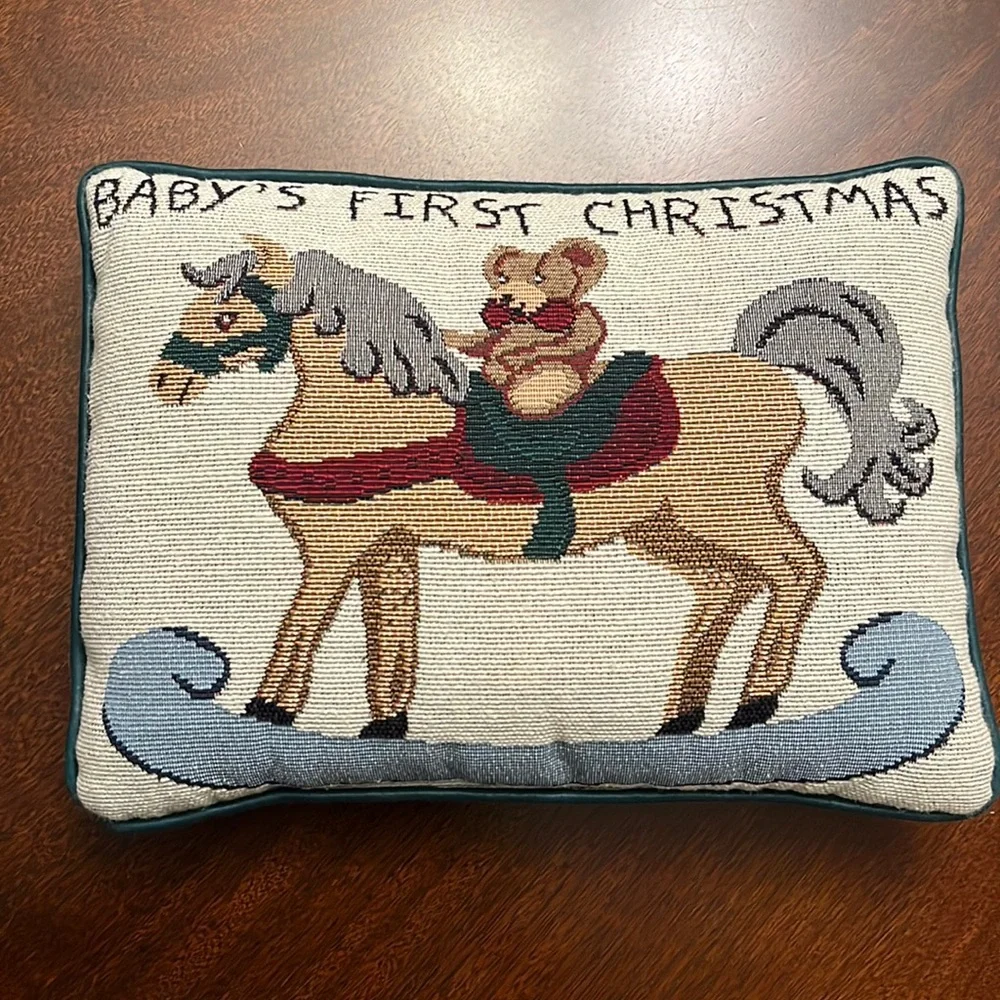 Vintage Baby's First Christmas Tapestry Throw Pillow Bear on Rocking Horse